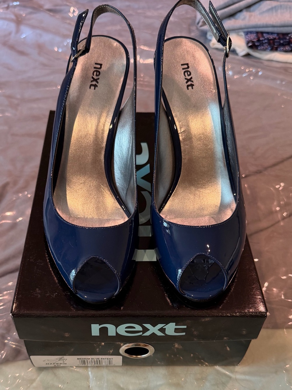 Next Blue Patent Peep-Toe Slingback Heels